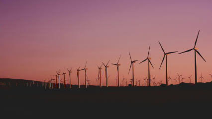 Row of wind turbines at sunset, 1