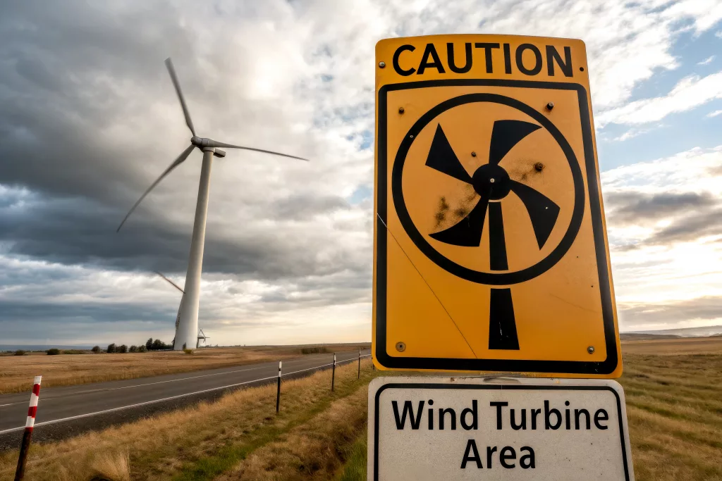 Wind turbine area warning sign in a field full of wind farms