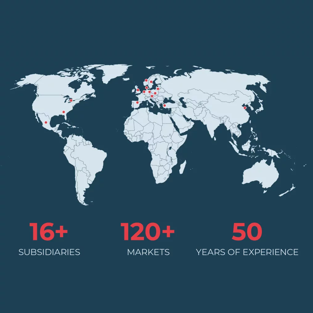 World country map with red dots highlighting different subsidiaries