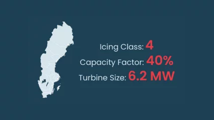 Map of Sweden indicating a wind farm with icing losses who could use ice protection to improve AEP and generate ROI, 1