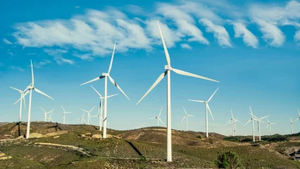 Wind farm full of wind turbines in the summer time, 2