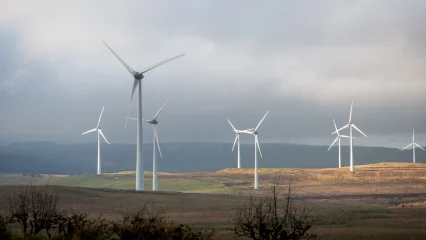 A field of wind turbines in the fog, 2
