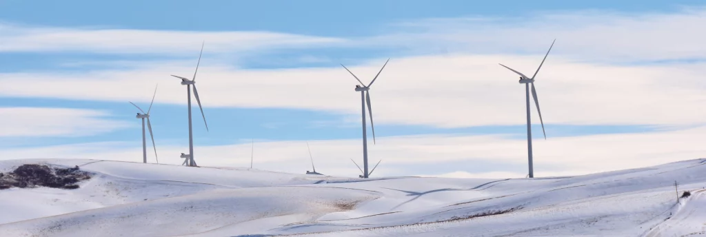 Wind turbines in winter with icing on the blades, 2